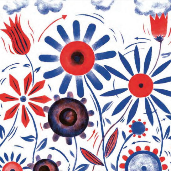 Illustration représentant des fleurs rouges et bleues